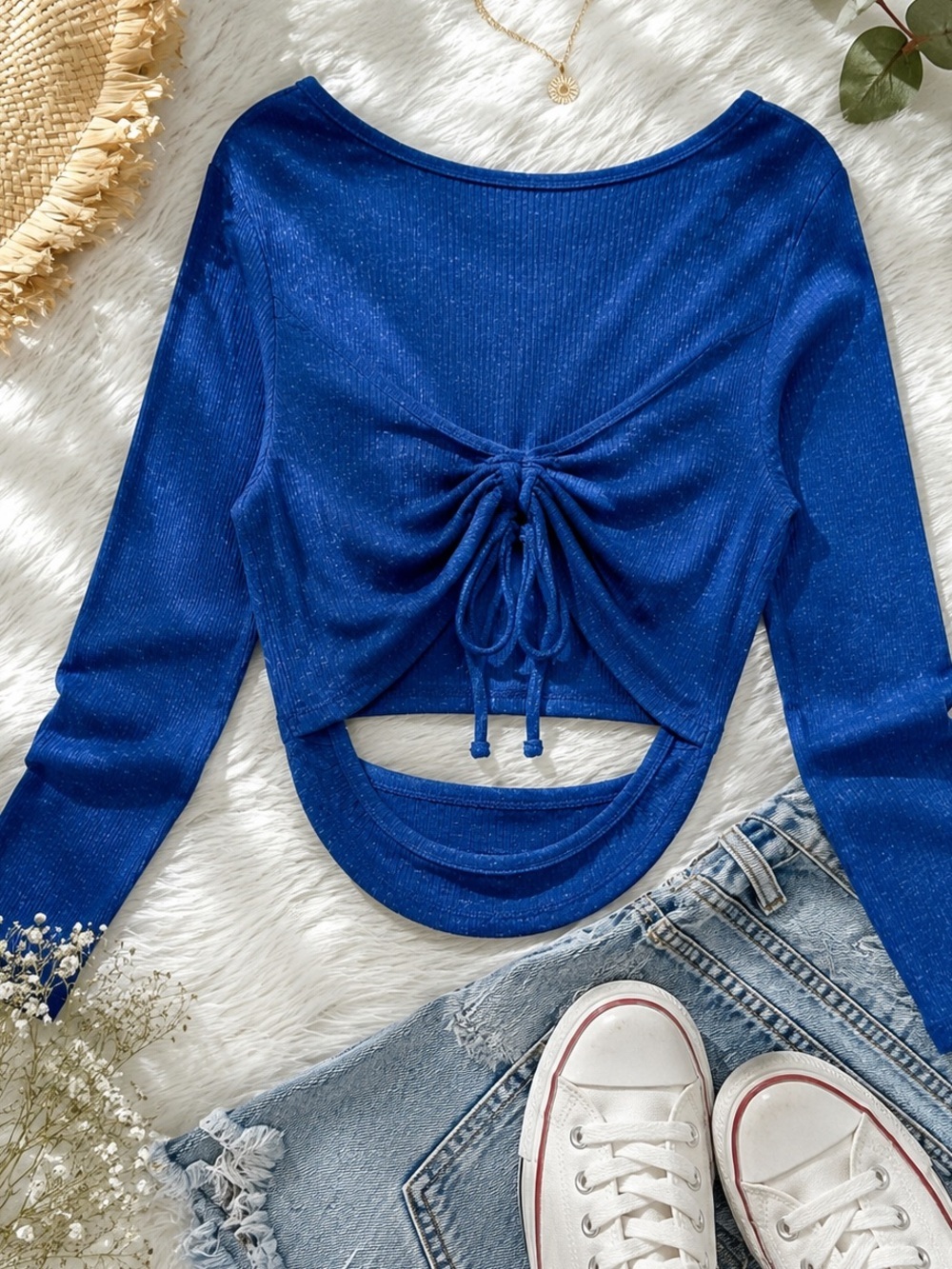 Earthbound Trading Royal Blue Ribbed Open Back Long Sleeve Crop Top Small
